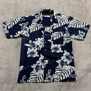 Anchor Blue Button Shirt Hawaiian Mens Large Blue Flowers